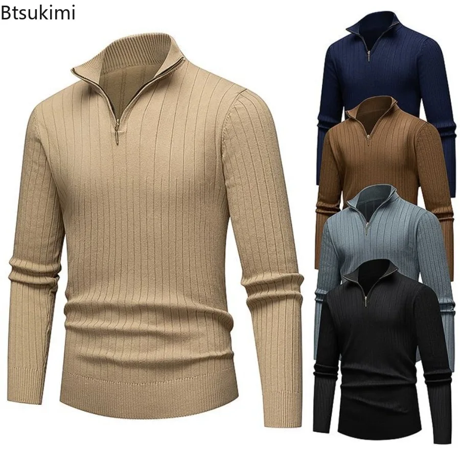 

Men's Half Zipper Stand Up Collar Knitted Sweater Autumn and Winter Warmth Solid Color Pullover Fashion Vertical Striped Sweater