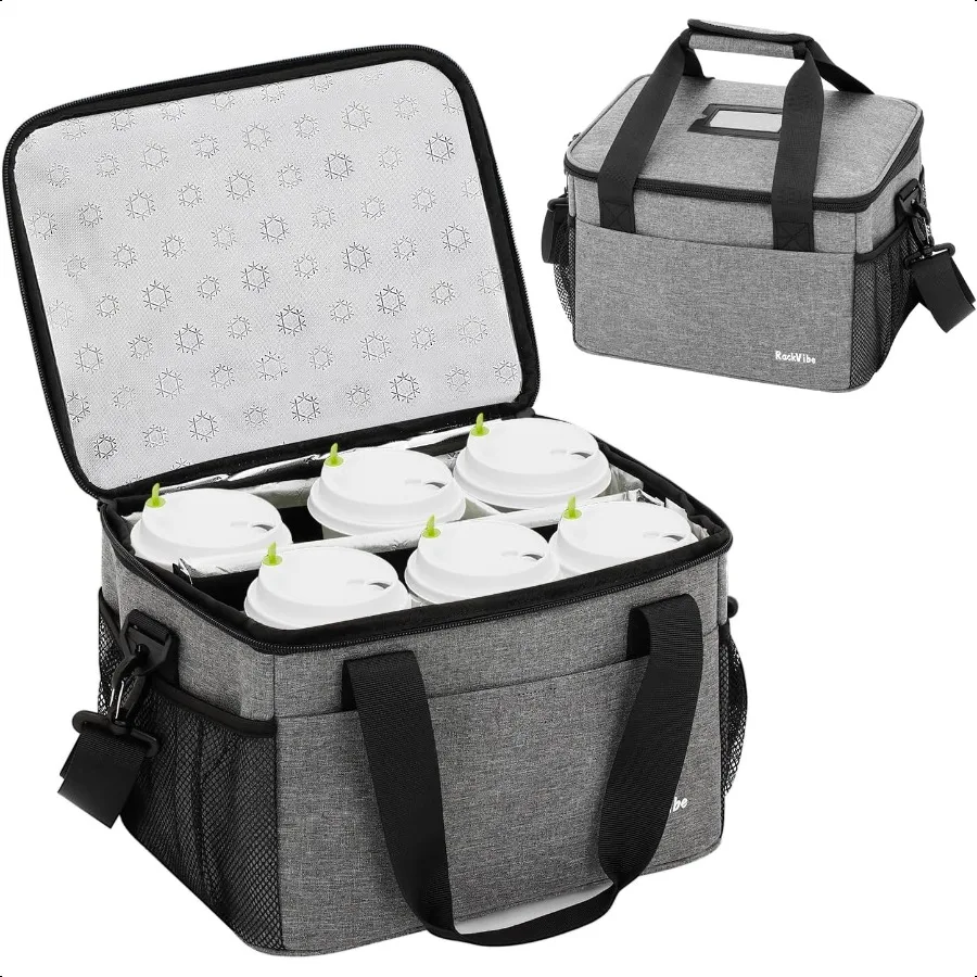 6 Cups Drink Carrier for Delivery Insulated Drink Carrier Reusable Cup Holder with Handle Adjustable Dividers Shoulder Strap Po