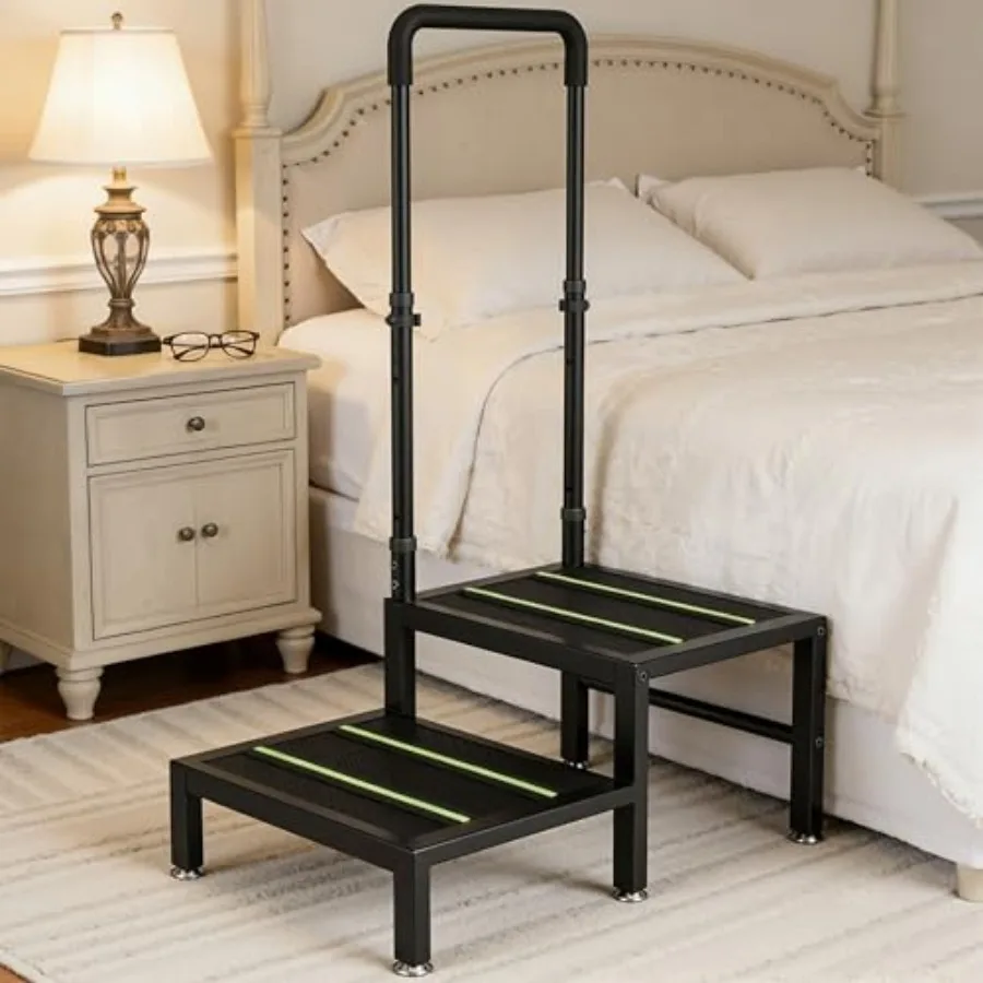 

2 Step Stool with Handle Heavy Duty Step Stool for Elderly and Adults Adjustable Handrail with Non-Slip Platform Bedside Steps