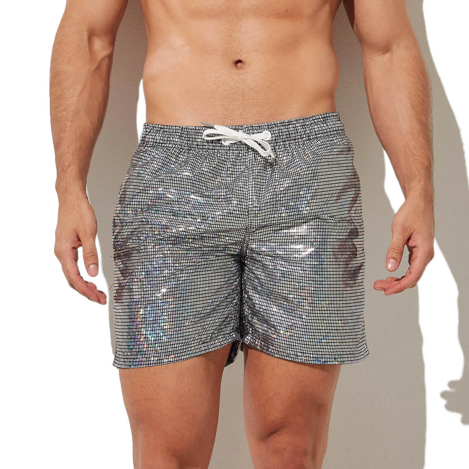 

Men's Shiny Metallic Print Beach Shorts Loose Fit Drawstring Elastic Waist Casual Swimwear for Summer Euro Size