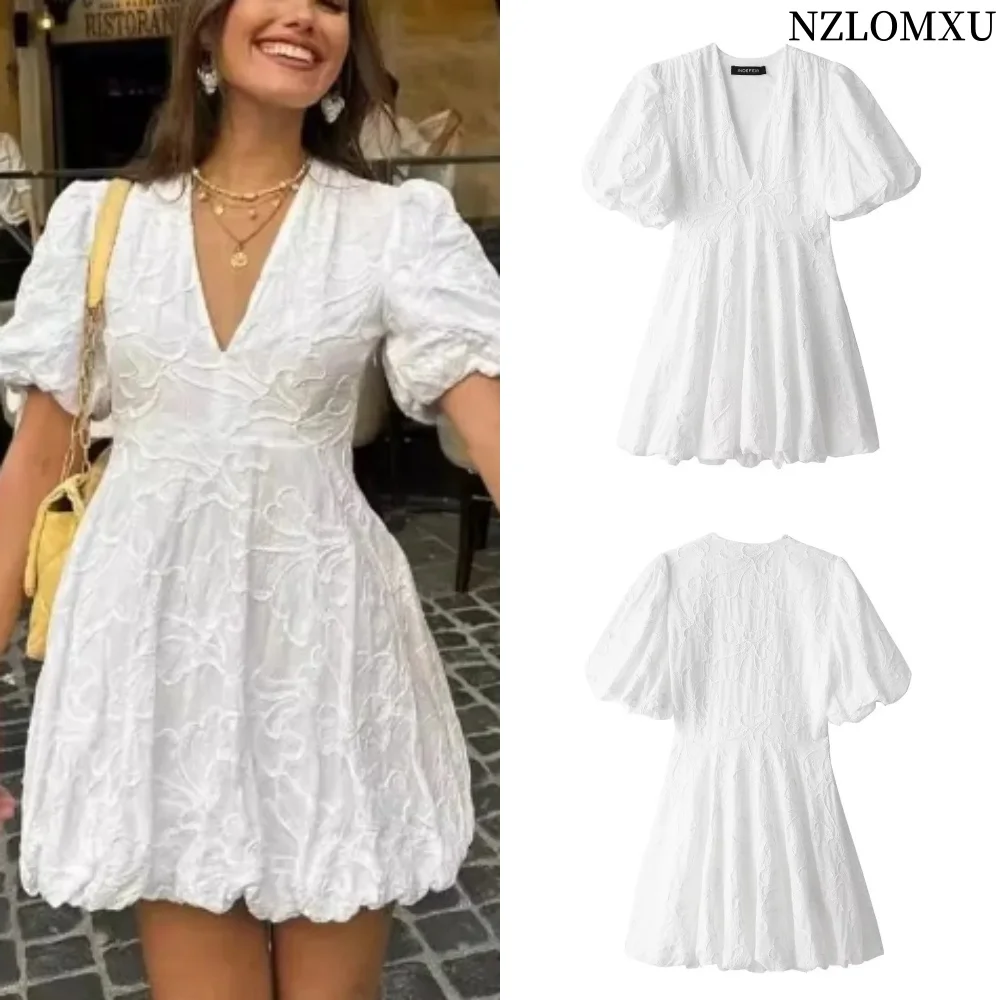 

2024 New Women Fashion White Embroidery Short Sleeved Dress Female Summer Elegant V Neck Mini Dresses Beach Party Dress