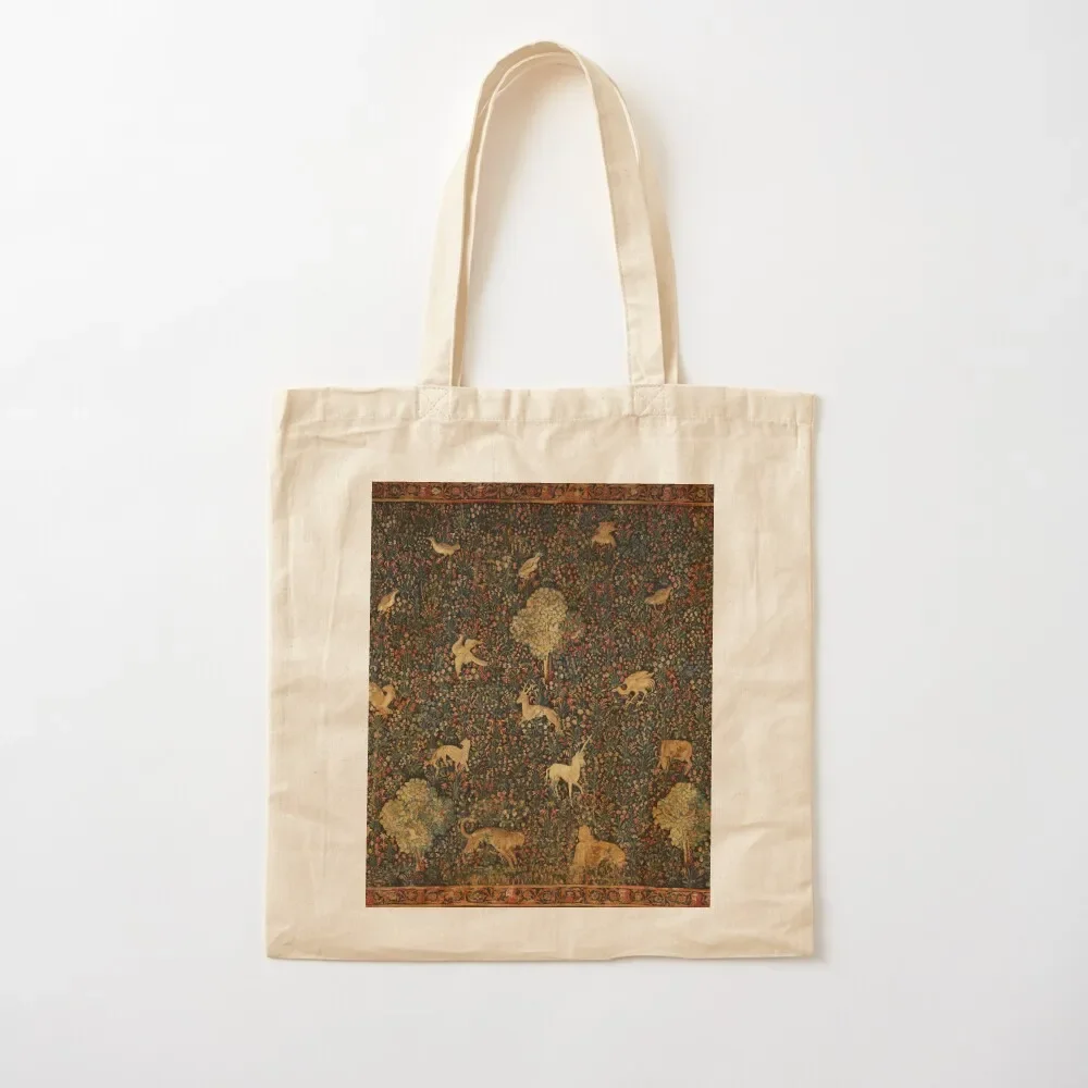 

UNICORN AND MEDIEVAL BESTIARY Millefleurs Red Green Floral Tapestry ,Forest Animals, Tote Bag hand bag