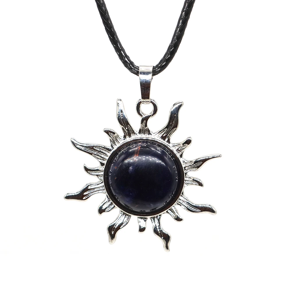 Natural Stone Sun Flower Pendant Vintage Healing Crystal Necklace Retro Style Round Amethysts Lucky Gems JewelryAccessories Gift