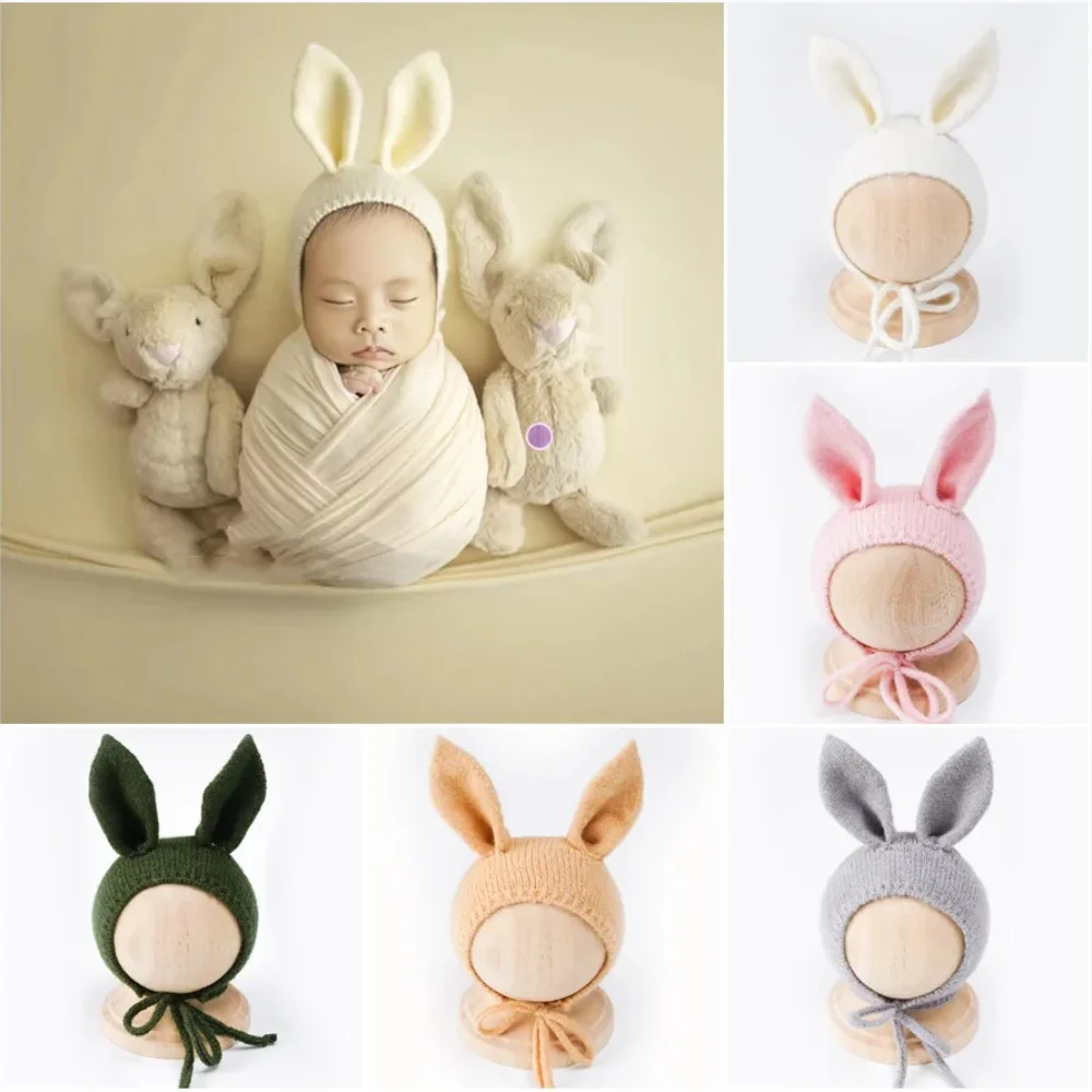 Newborn Photography Props Infant Cute Casual Solid Color Elastic Mohair Bandage Rabbit Ears Hat Baby Photo Shooting Accessories