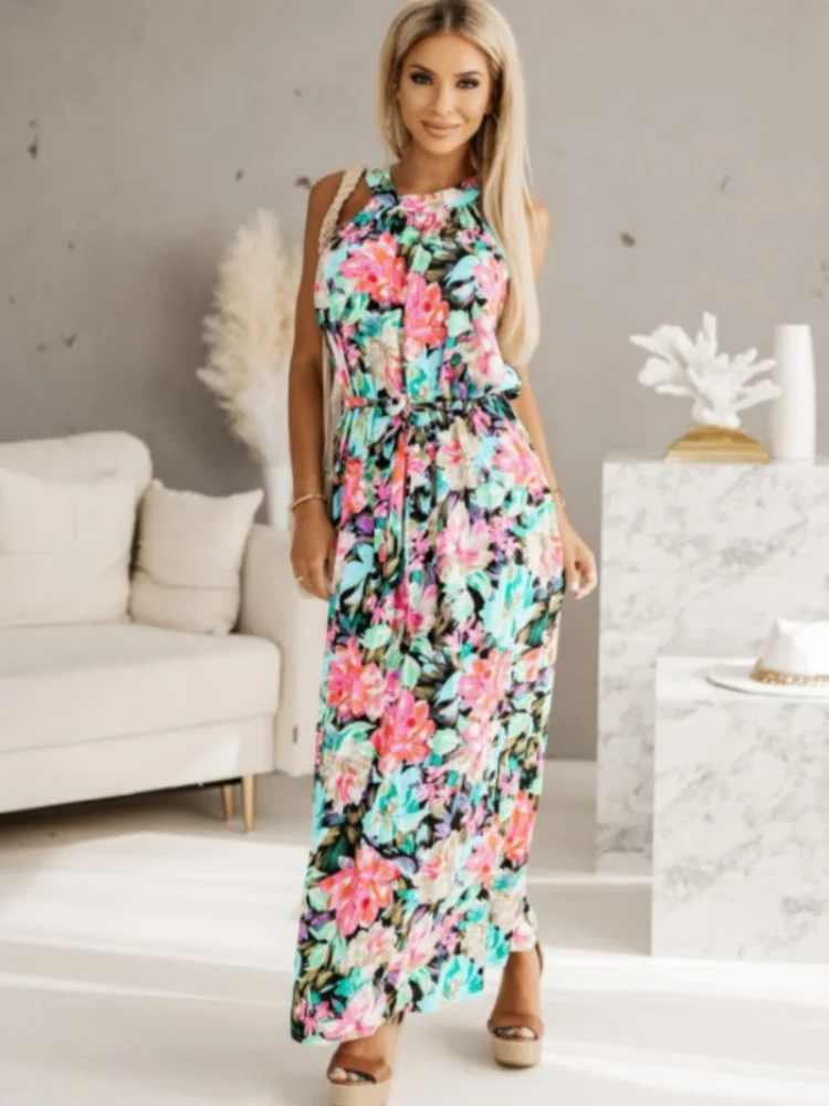แฟชั่นฤดูร้อนแขนกุดลูกไม้ขึ้น O-คอผู้หญิงแต่งตัวหลวมดอกไม้พิมพ์ชุดลําลองยาว