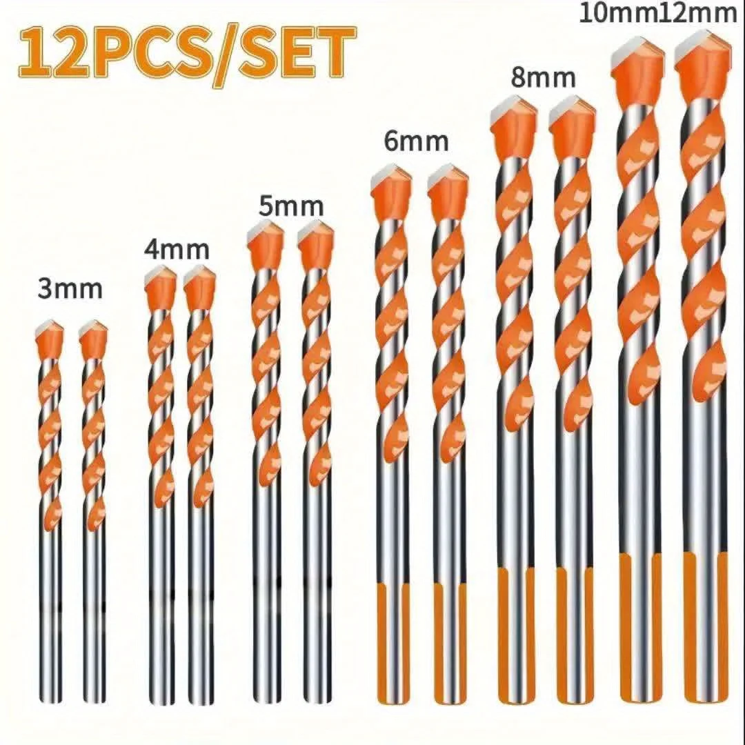 12Pcs Heavy-Duty Drill Bit Set Hardened Alloy Sharp Drill Bits for Metal Tile Concrete Glass Brick Wood Construction Projects