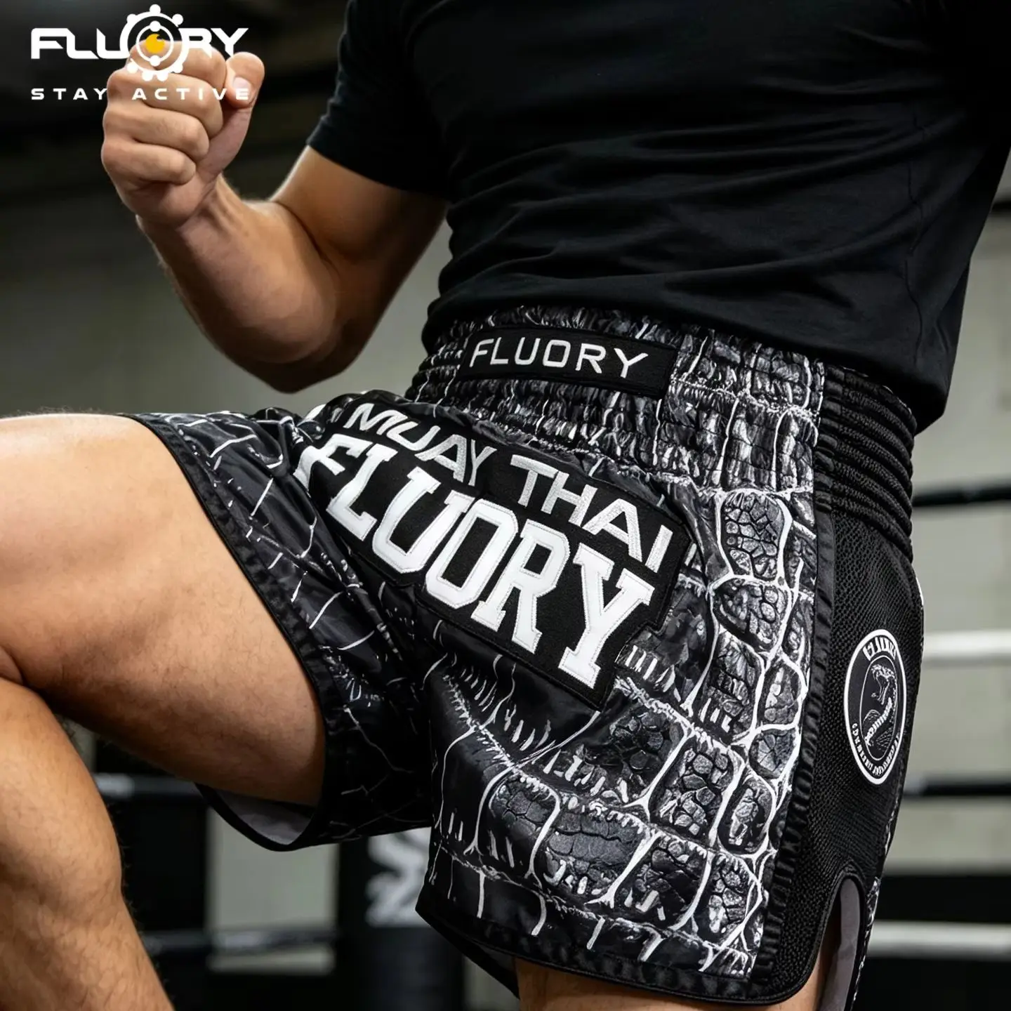FLUORY Men's And Women's Boxing Shorts, Mesh Splicing Printed Crocodile Embroidered Combat, MMA Gym Muay Thai Shorts