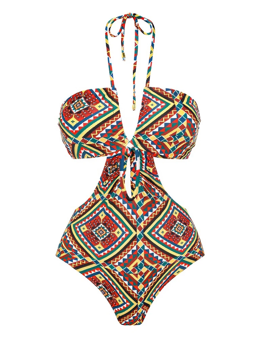 

2026 Halter String Hollow Out Print Swimsuit Womeon One Piece Swimwear Female Beachwear Bathers Bathing Swimming Swim Suit