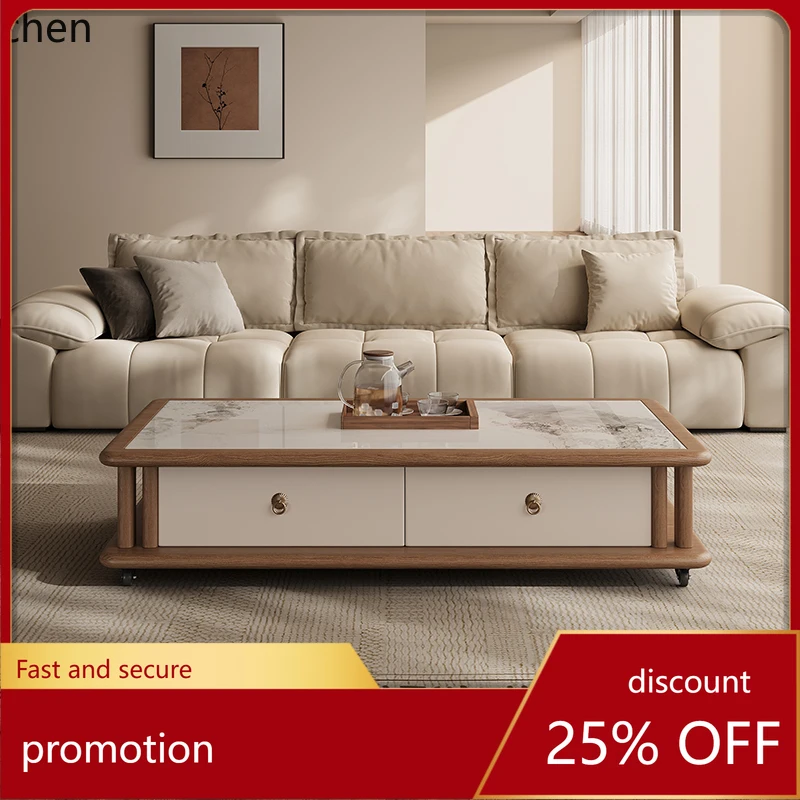 

YFY Solid Wood Rock Slab Coffee Table Living Room Household Movable Rectangular Coffee Table