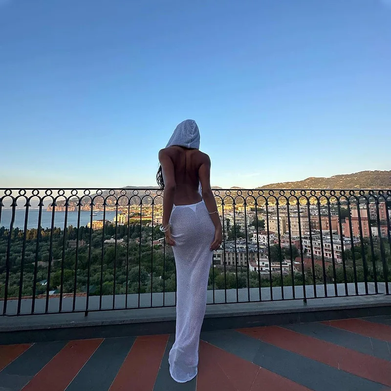 Robe Maxi transparente à capuche pour femmes, Sexy, attrayante, dos nu, col oscillant, façonnant le corps, vacances, nouveau Coeuqtte moulante