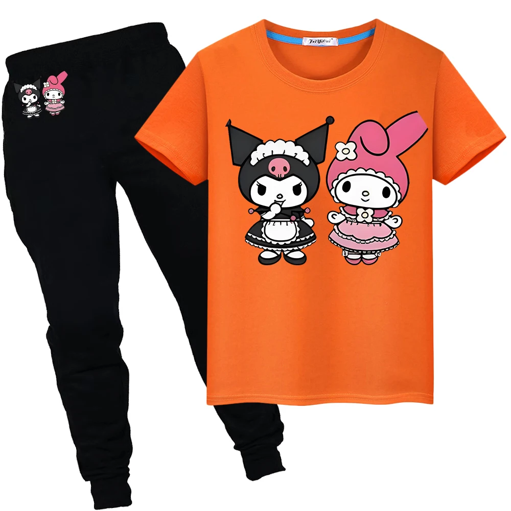 

Kulomi Melody Print 100%Cotton T-shirt Sports Sets Short+pant boy girl clothes Sanrio Kawaii Anime Tshirts kids boutique clothes