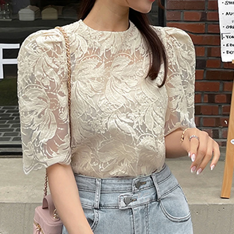 Embroidery Lace Blouse with Lining Two Piece Sets for Women Summer Korean See Through 2023 Sexy Mesh Elegant Tops Shirts 26727