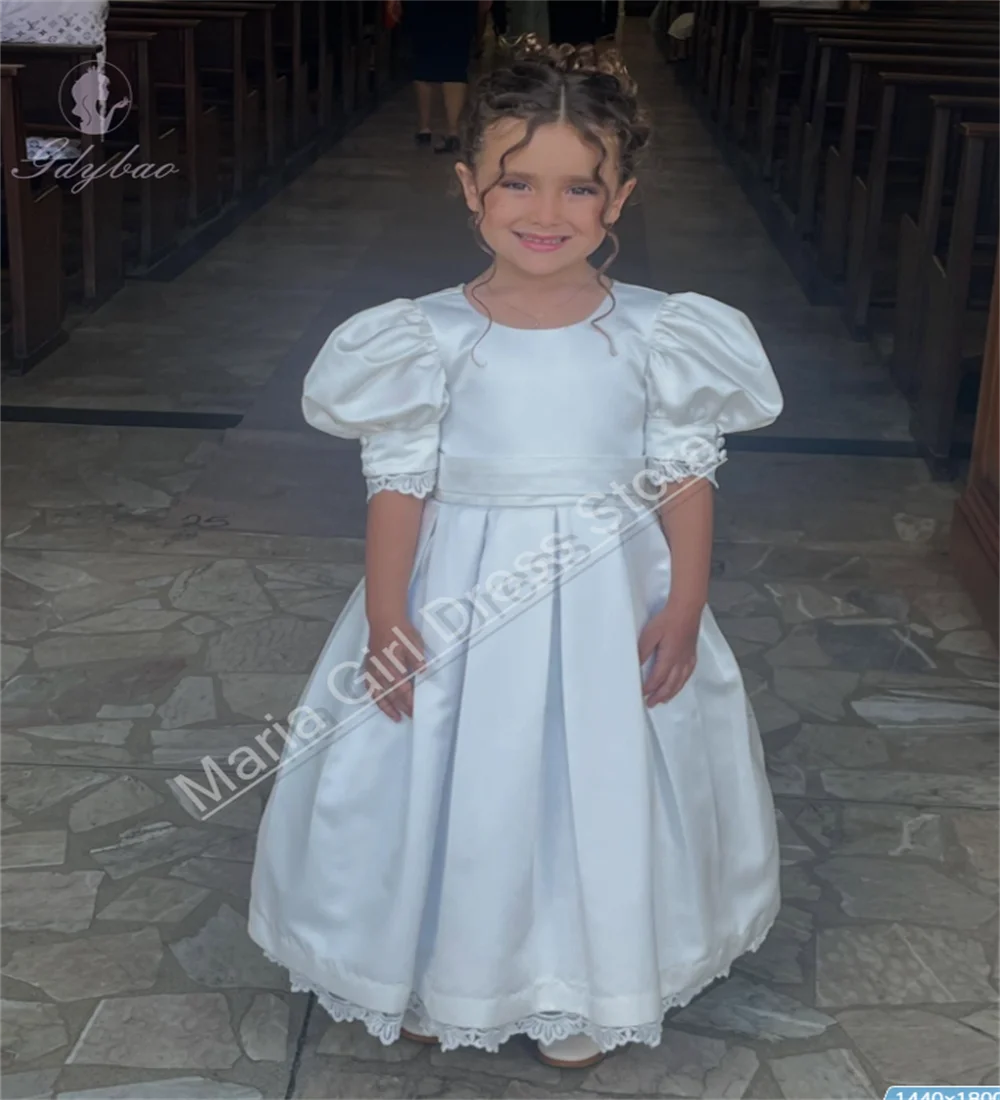 White Satin Flower Girl Dress Lace Edges Short Sleeve Suitable For Children's First Communion Bridesmaid Custom Dress