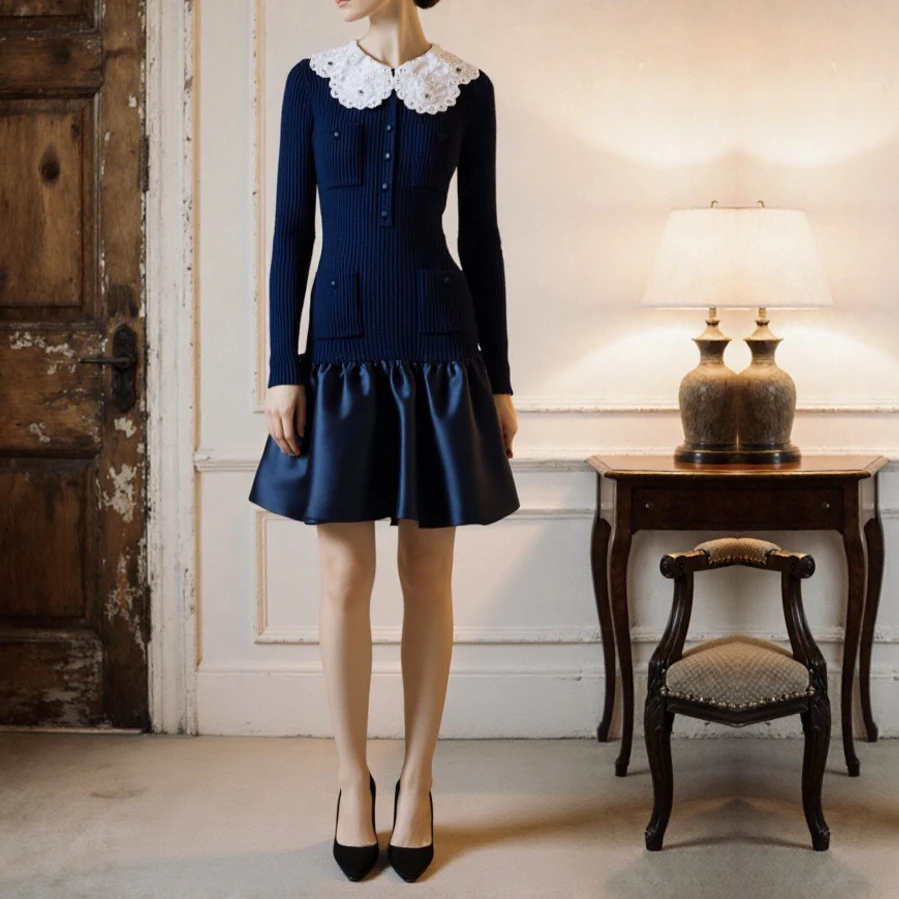 

【Gift Free】2025 Autumn Winter French Chic Elegant Slim Fit Contrast Hem Peter Pan Collar Long-Sleeve Knit Dress Women