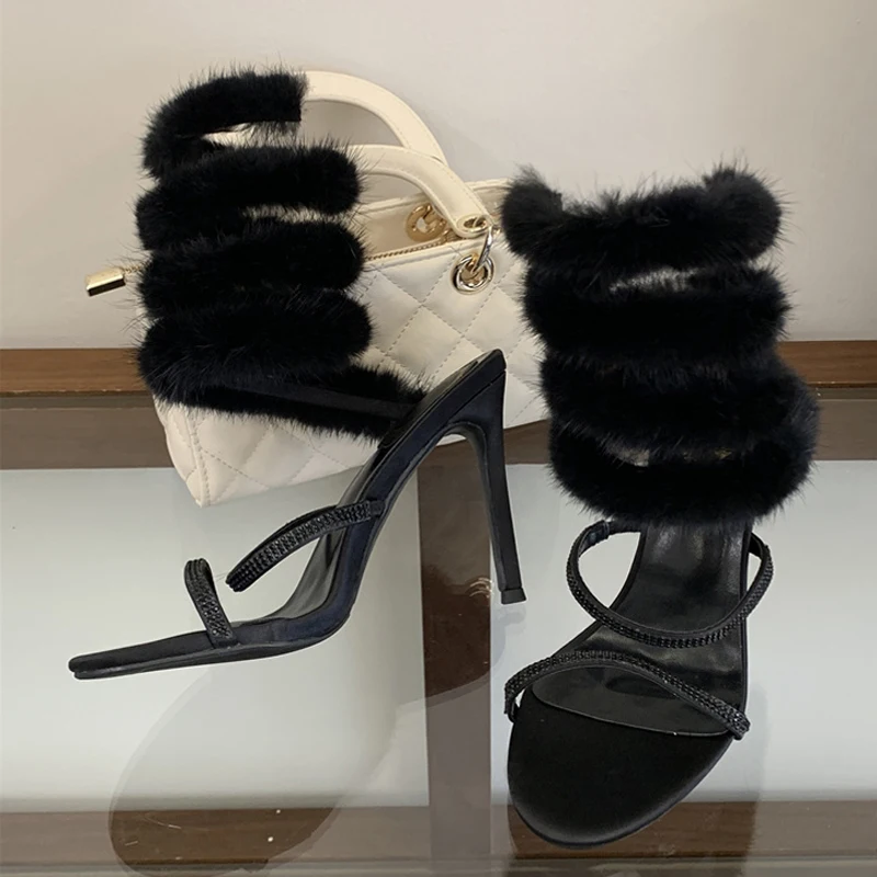 Liyke Star Style White Feathery Fur Snake Twine Around Ankle Strap Sandals Women Rhinestone High Heels Evening Party Dress Shoes