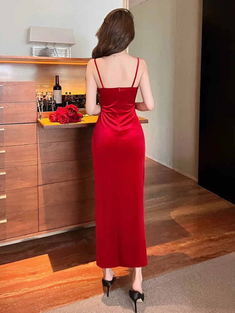 Women's Red Sexy Halter Backless Dress Beaded Velvet Bottom Dress Side Slit Long Dresses