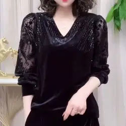 Blusa emendada com renda gola v feminina, diamantes elegantes, manga longa, camisa solta vintage, camisa de comutar, monocromática, roupas de primavera e outono