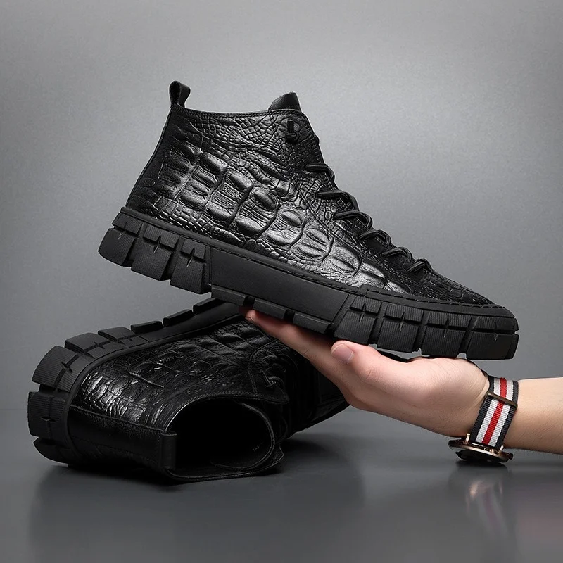 Miaoguan Brand New Men Leather Casual Shoes Cool Leisure Sneakers Loafers Crocodile Print Men High Tops Spring Autumn Flat Shoes