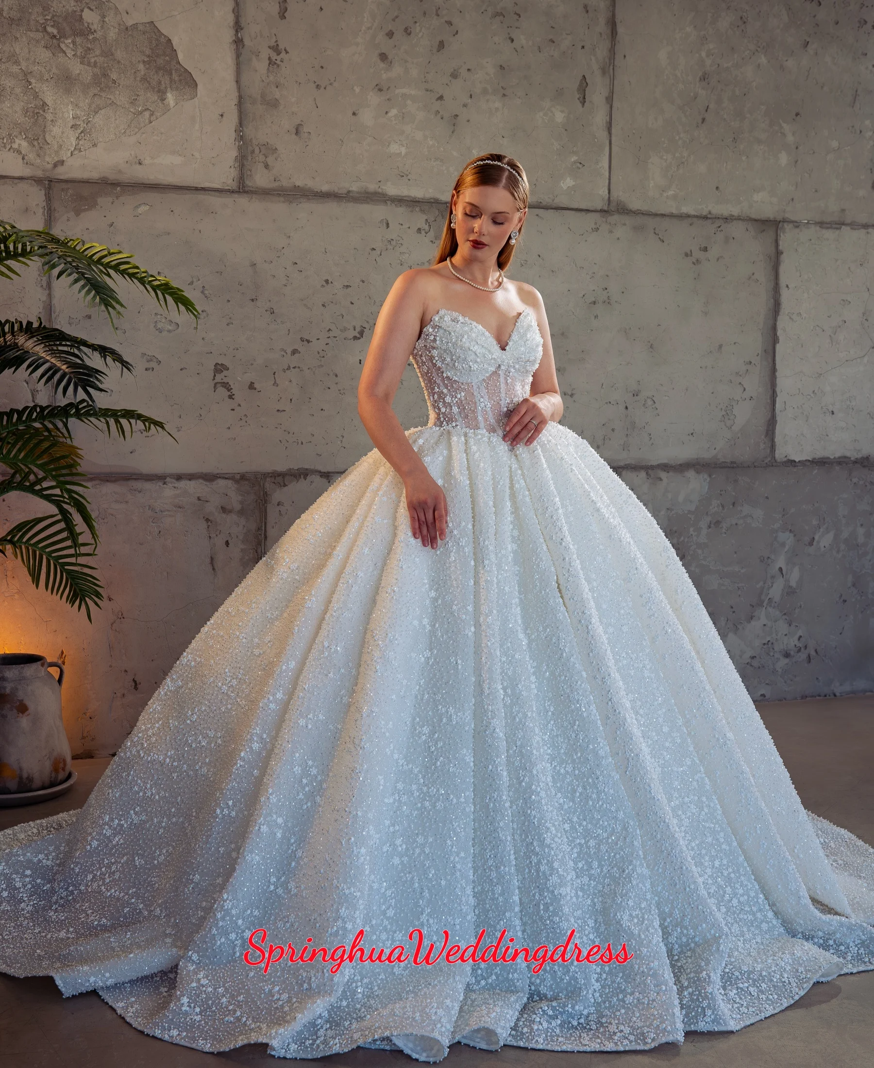 Customzied Sweetheart Pearls Beading Ball Gown Wedding Dress Exquisite Off Shoulder Princess Bridal Gown Vestidos De Novia