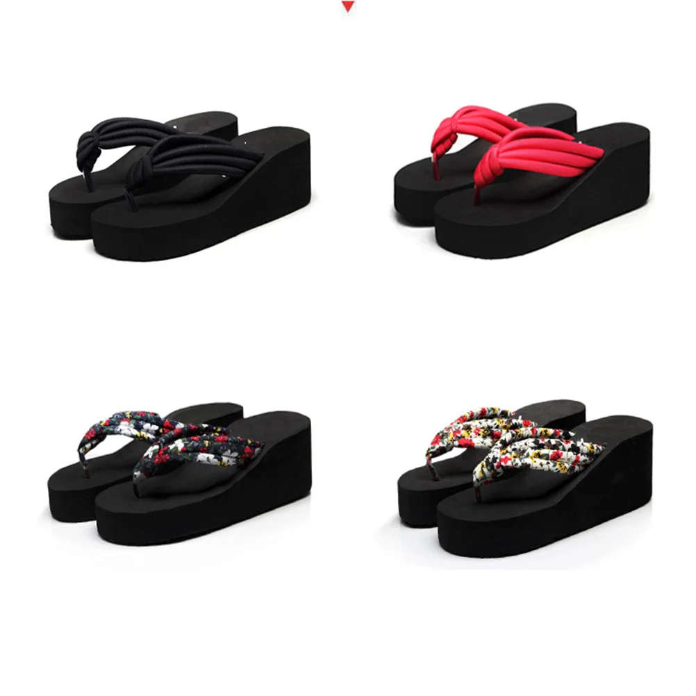 High Heel Platform Slippers Beach Black Knoted Sandals Slope Fashion Flops Non-slip House