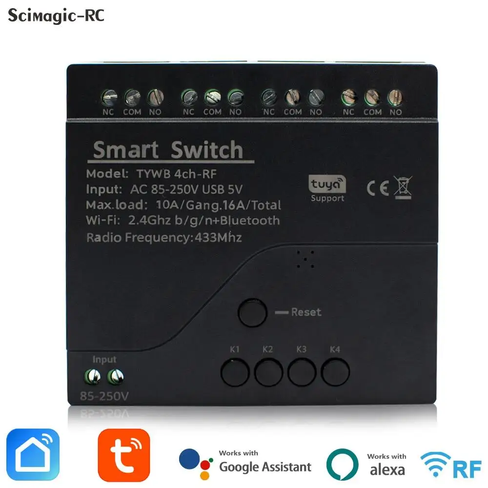 Funziona con Alexa Google Home 4 canali Tuya Wifi Wireless Smart Switch Module RF 433 Relay Smartlife APP telecomando