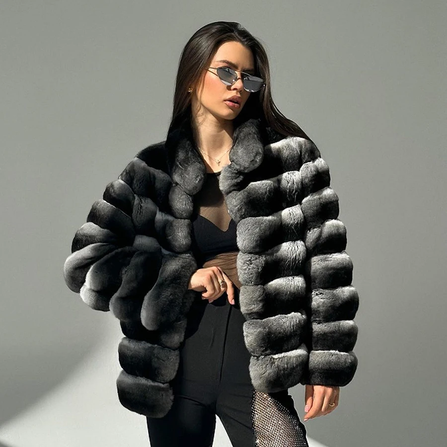 Fur Coat Women Real Chinchilla Rex Rabbit Fur Coats With Stand Collar Luxury Winter Natural Short Fur Jacket