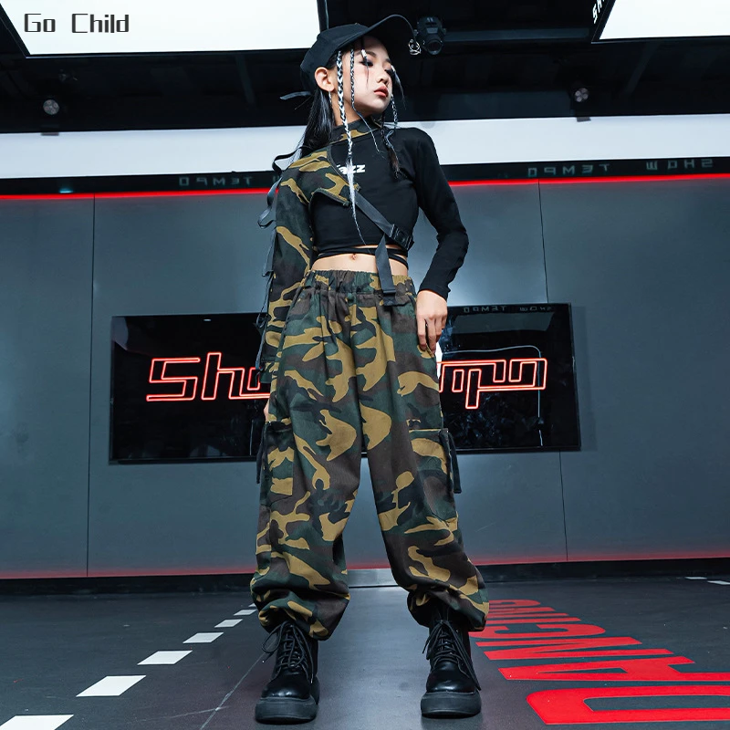 Girls Hip Hop Sweatshirt Cuff Camouflage Cargo Pants Outfits Children Joggers Street Dance Kids Streetwear Costumes Sportwear