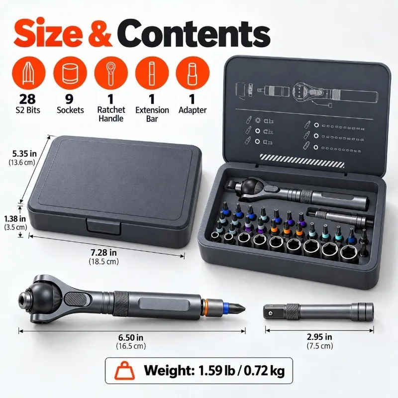 40-Piece Multi-Function Magnetic Screwdriver Set, 180° Ratchet Handle, S2 Bits, CR-V Sockets, Extension Bar for Home Repair