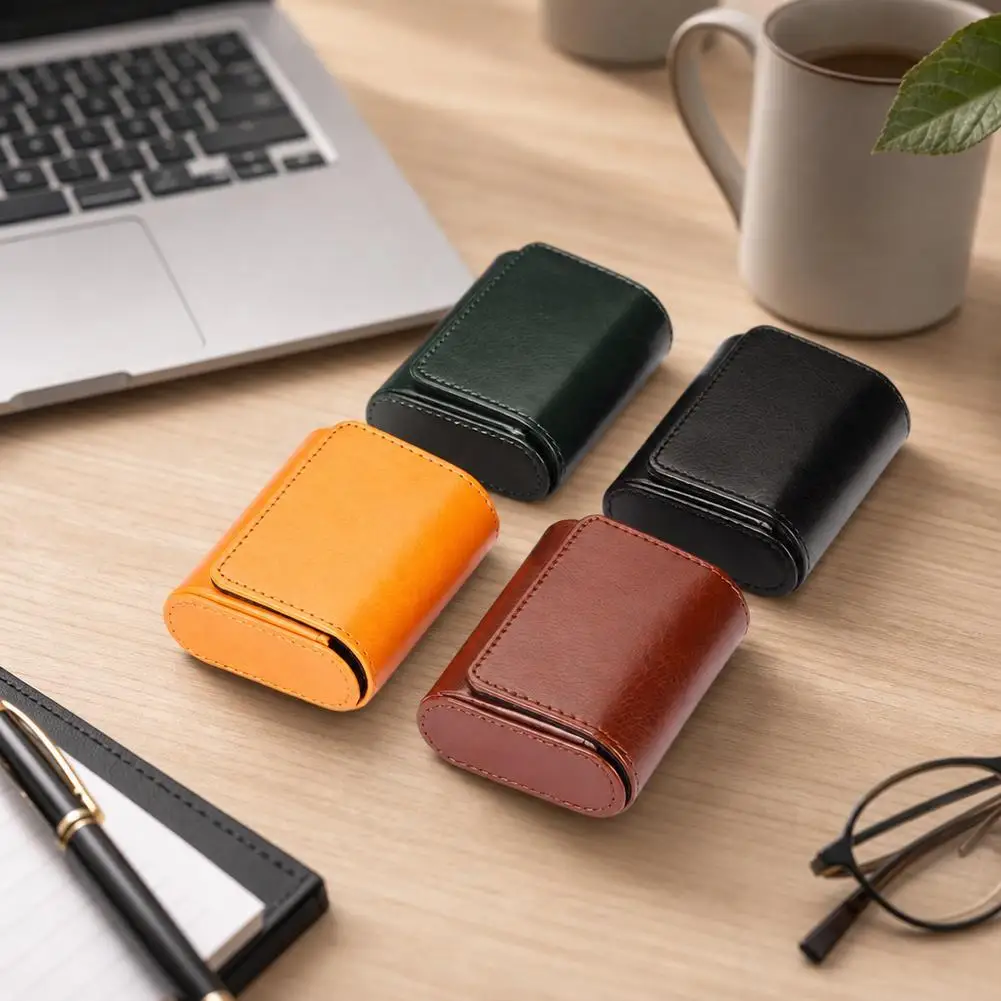 Magnetic Earphone Case Portable PU Leather Mini Storage Pouch Soft Flock Lining Wear-resistant Stitching Anti-tangle Organizer