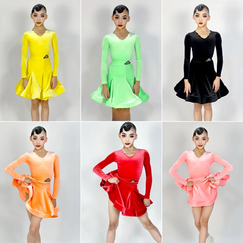 

Colors Kids Performance Latin Dance Costume Girls Latin Dance Professional Dress Long Sleeved Velvet Ballroom Dance Dress