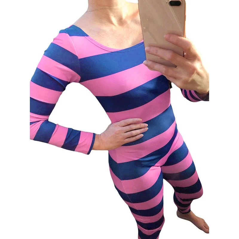 Новая модель женского костюма Чеширского кота на Хэллоуин, розово-фиолетовый полосатый комбинезон с длинным рукавом, костюм для косплея