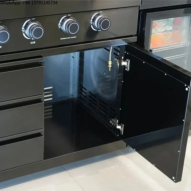 High Quality SS304 Black Outdoor Kitchen with 68L Fridge Sink 6-Burner BBQ Gas Grill for Outdoor Cooking and Barbecues