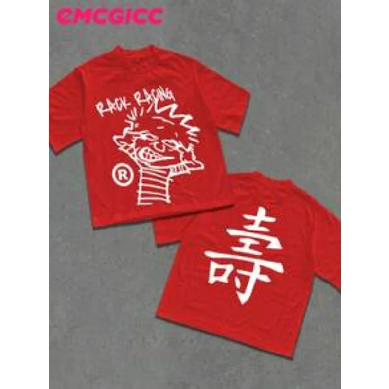 Y2k,RACK RACING Men's Summer Short Sleeved Pure Cotton Casual Outdoor Street Round Neck T-Shirt