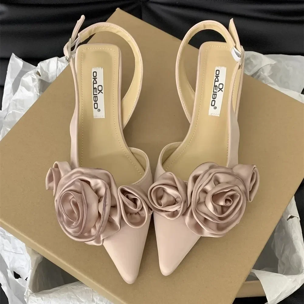 Elegant Woman Sandals High Heeled Sweet Rose Closed Toe Footwear 2024 Summer Slingback Pointed Fashion Dress Ladies Shoes