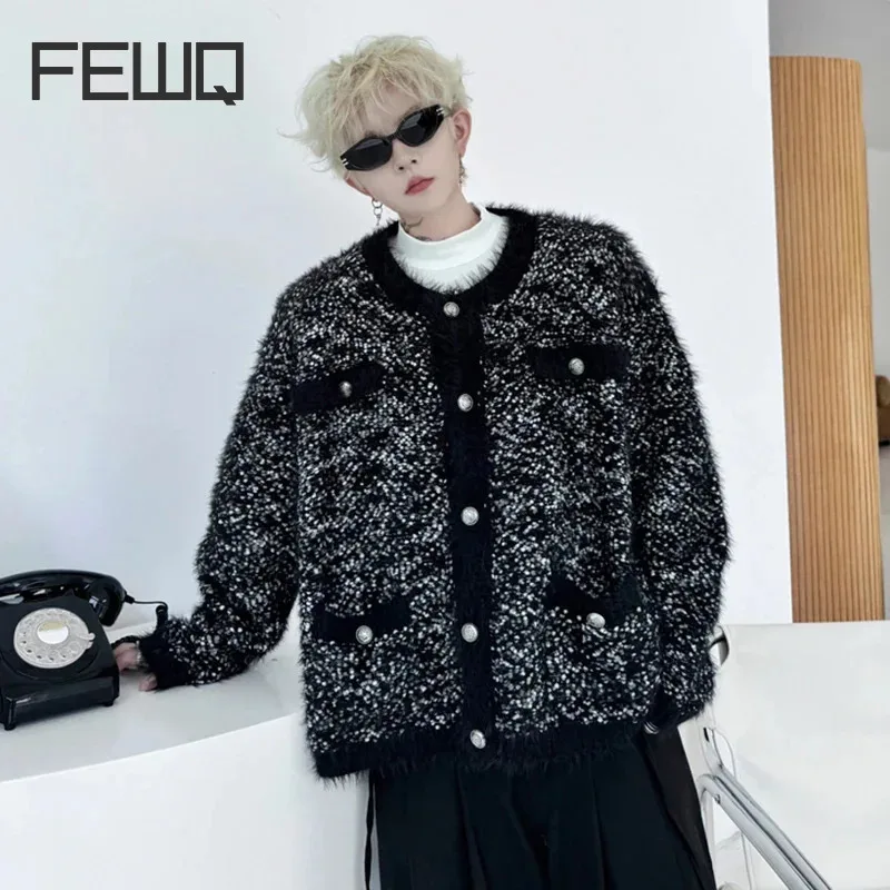 FEWQ Korean Style Men's Cardigan Casual Round Collar Single Breasted Chic Button Kniiting Loose Fleece Male Sweaters 2024 9C8111