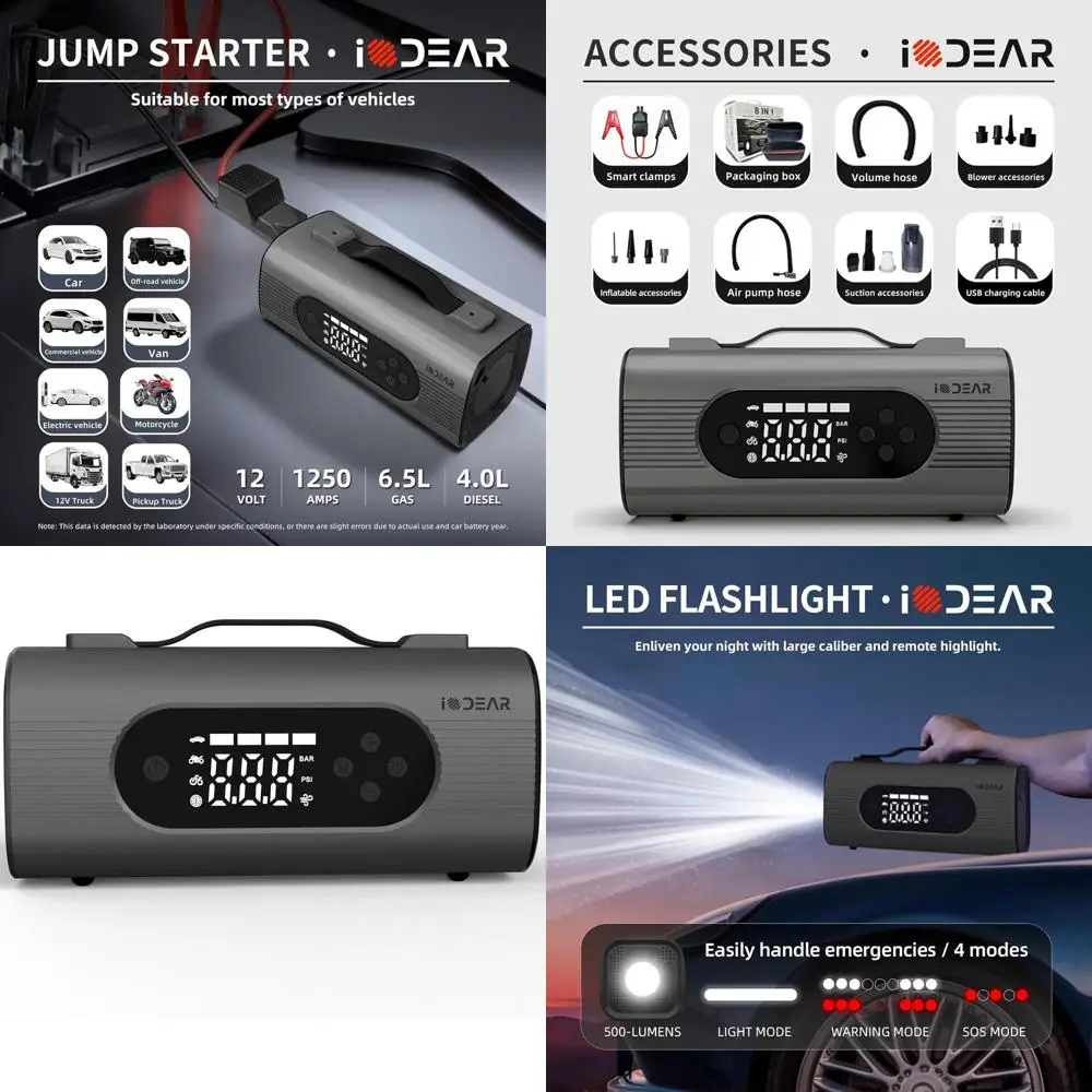 

Автомобильный пылесос и стартер с воздушным компрессором (1250А), ручной беспроводной насос для накачивания шин 150PSI, насос для накачивания/рассказов