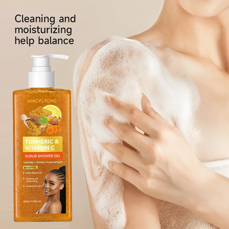 Turmeric Vitamin C Moisturizing Body Scrub Shower Gel, Plant Extract Exfoliating Refreshing Body Wash,Rich Foam Easy Rinse