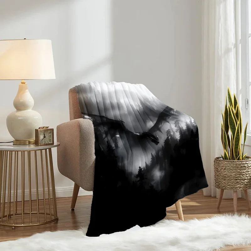 Moody Forest Landscape Throw Blanket Black and White Mountain Mist Cozy Home Decor Gift