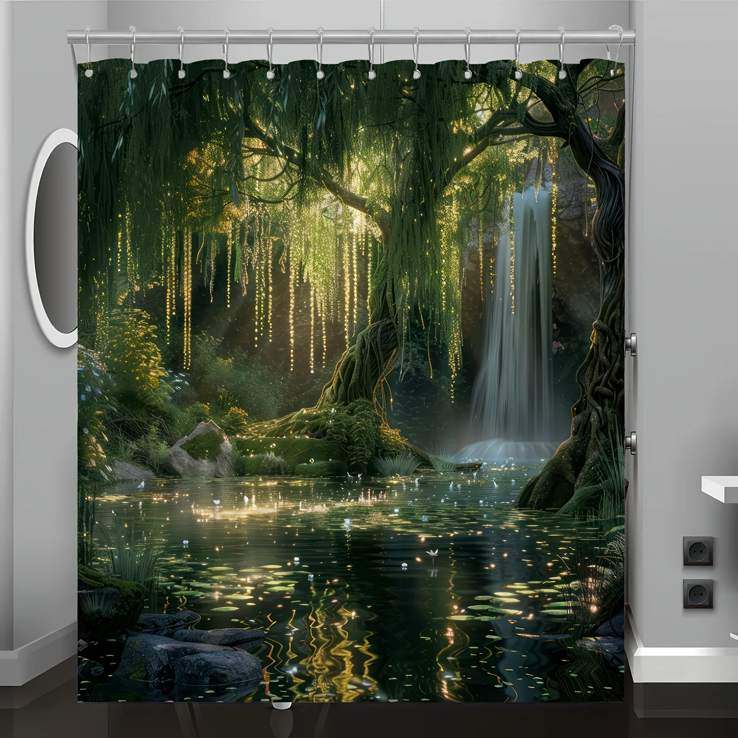 Enchanted Forest Shower Curtain - Polyester, Machine Washable, Hooks Included, Reversible Greenery & Waterfall Scene Bath Decor