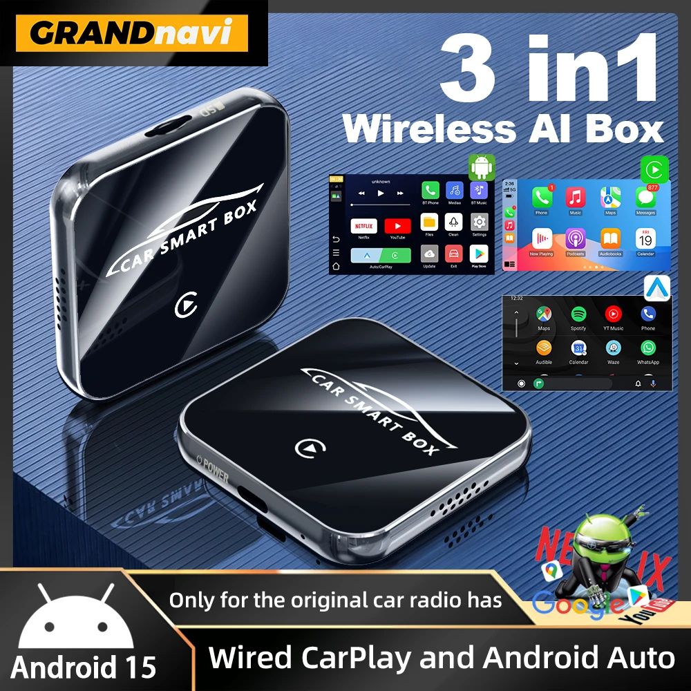 Android 15 3in1 CarPlay Ai Box Wireless Android Auto USB Adapter 4G 64G For Youtube Netflix Automatic Connection