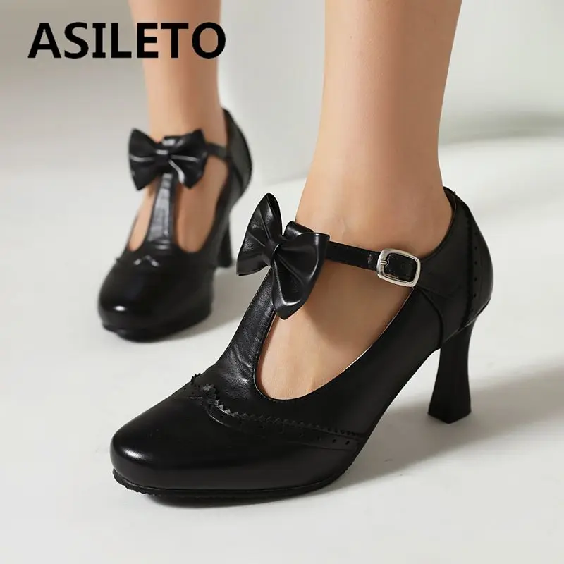 

ASILETO 2025 Sweet Female Pumps Round Toe Strange Heels 7.5cm Buckle Strap Bowknot Large Size 41 42 43 Fashion Dating Shoes