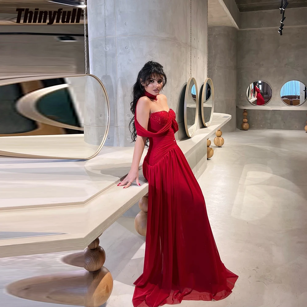

Thinyfull Mermaid Chiffon Red Prom Dresses Sweetheart Beading Holiday Style Dress Long Formal Gown Robe De Soirée Customized