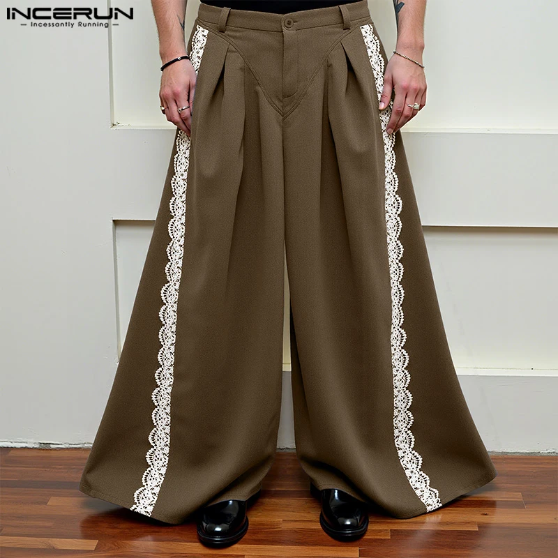 INCERUNเสื้อกันหนาวผู้ชายกางเกงขากว้างลูกไม้Patchworkปุ่มจีบJoggersกางเกงผู้ชายStreetwear 2025 Oversizeแฟชั่นสบายๆกางเกงยาว