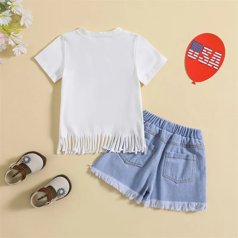 Independence Day Kids Girls Outfit Stripe Stars Letter Print Tassel Crew Neck Short Sleeve T-Shirts Denim Shorts 2Pcs Suit 1-5Y