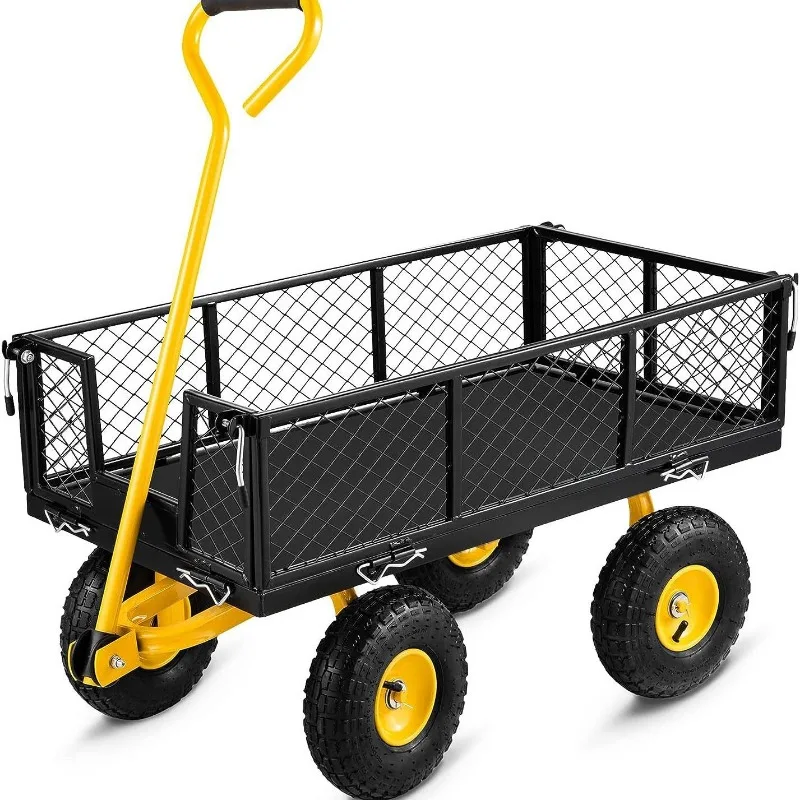 Side‑Removable Steel Garden Cart, Heavy‑Duty Steel Mesh 4‑Wheel Utility Hauling Wagon
