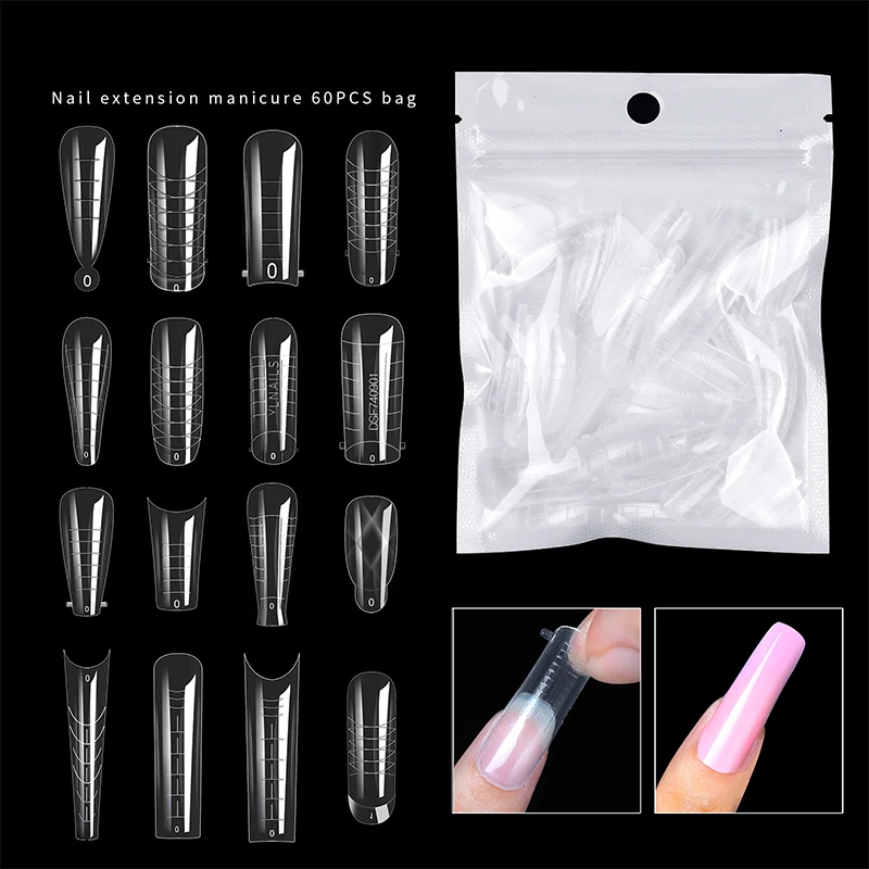 60Pcs ABS Extension False Nail Tips Sculpted Full Cover Fake Finger UV Gel Polish Quick Building Mold Manicures Tool Set