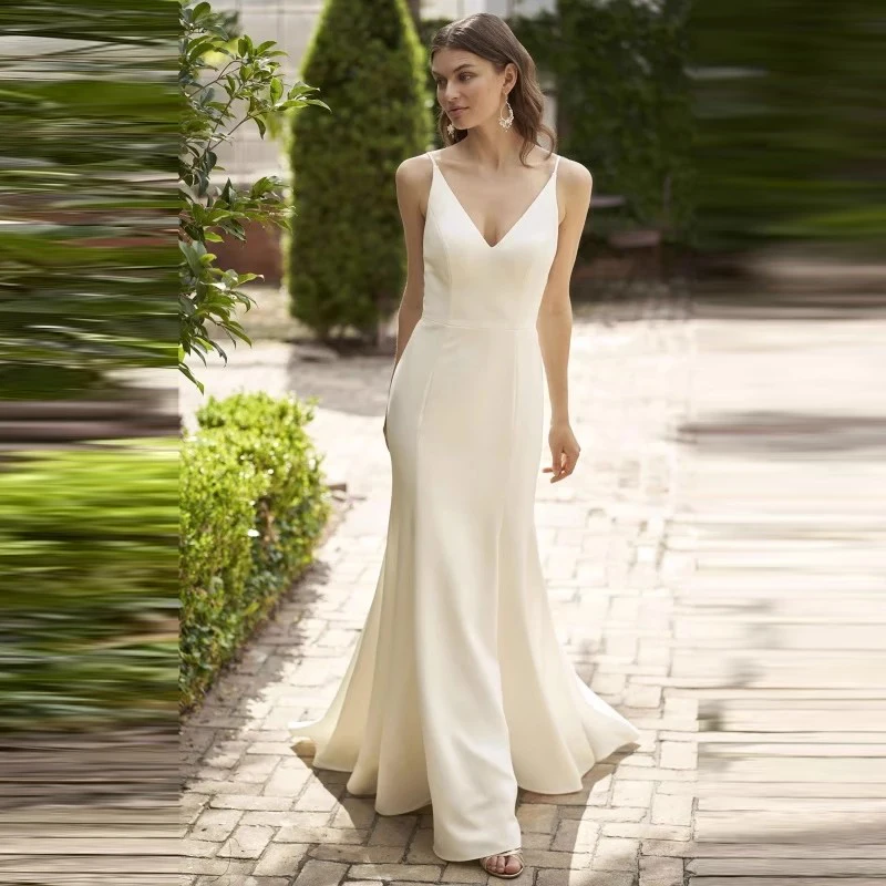 

Elegant Wedding Dresses V-neck White Satin halter Simple Bridal Gowns for Women Bride mermaid A Line Vestido de Novia