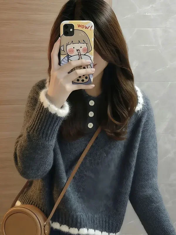 

Chic Loose Casual Women's Top Korean Sle Aosphere ey Winter New Arrival Faionable Lazy Sle Knitted Sweater