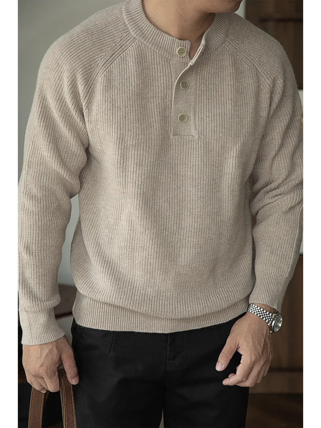 

Американский повседневный свитер с воротником Генри, мужской свитер 660 г, текстура, ленивый вязаный весенне-осенний теплый шерстяной мужской свитер Long Sve Crew Ne