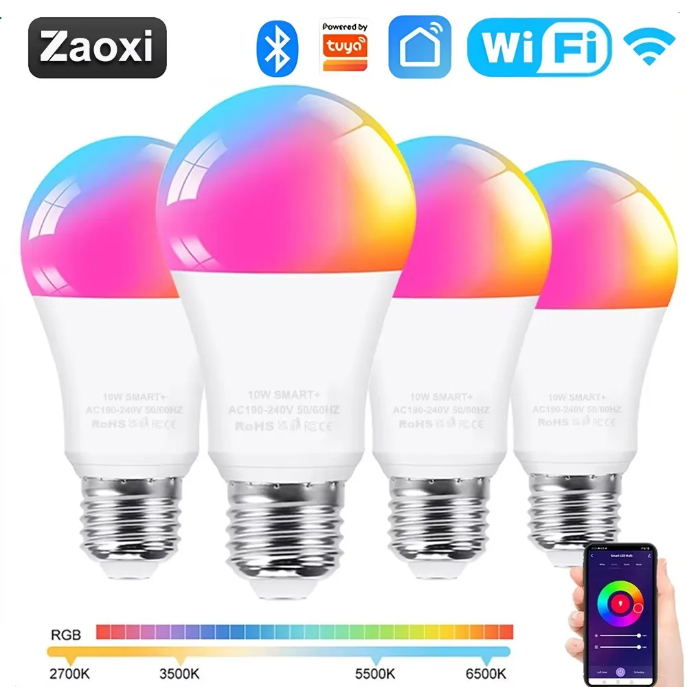 

ZAOXI Tuya WIFI/Bluetooth LED Smart Light Bulb E27 7W/9W/10W/15W RGB 2700-6500K Bulbs Works With Alexa Google Home Voice Control